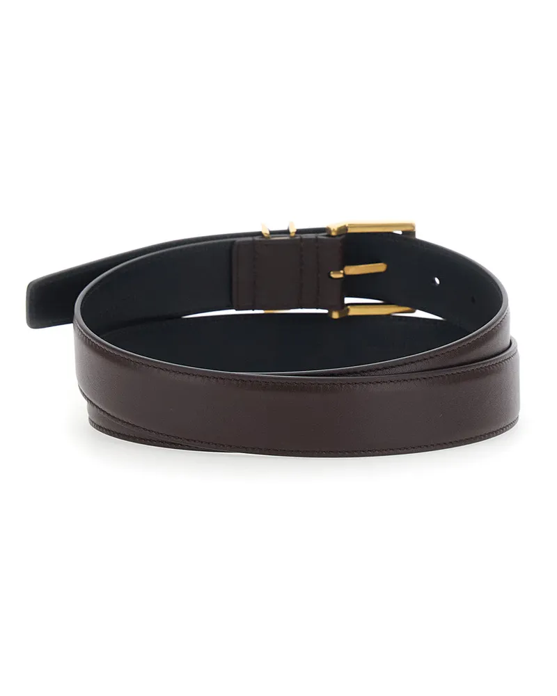 Saint Laurent Men's Belt With Cassandre Plate, Brown Leather Brown