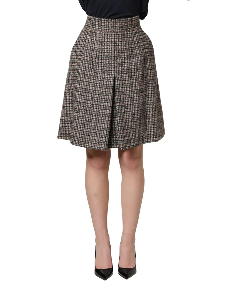 Dolce & Gabbana Women's Brown Tweed Kick Pleat High Waist Mini Skirt Alpaca Wool Nylon Brown