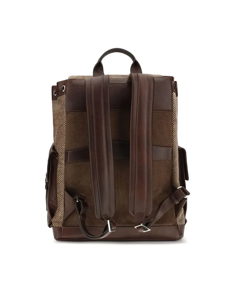 Brunello Cucinelli Herringbone with Leather Trim Backpack — Brown Brown
