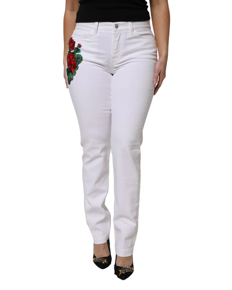 Dolce & Gabbana Women's White Floral Sequined Girly Denim Jeans Nylon Elastane Clothing White
