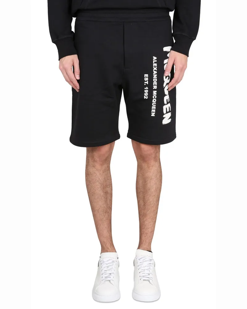 Alexander McQueen Graffiti Logo Cotton Bermuda Shorts — Black Black