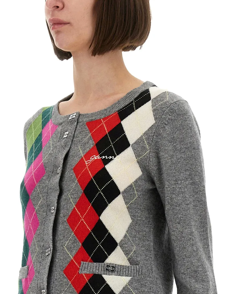 Ganni Jacquard Cashmere Blend Cardigan — Purple Purple
