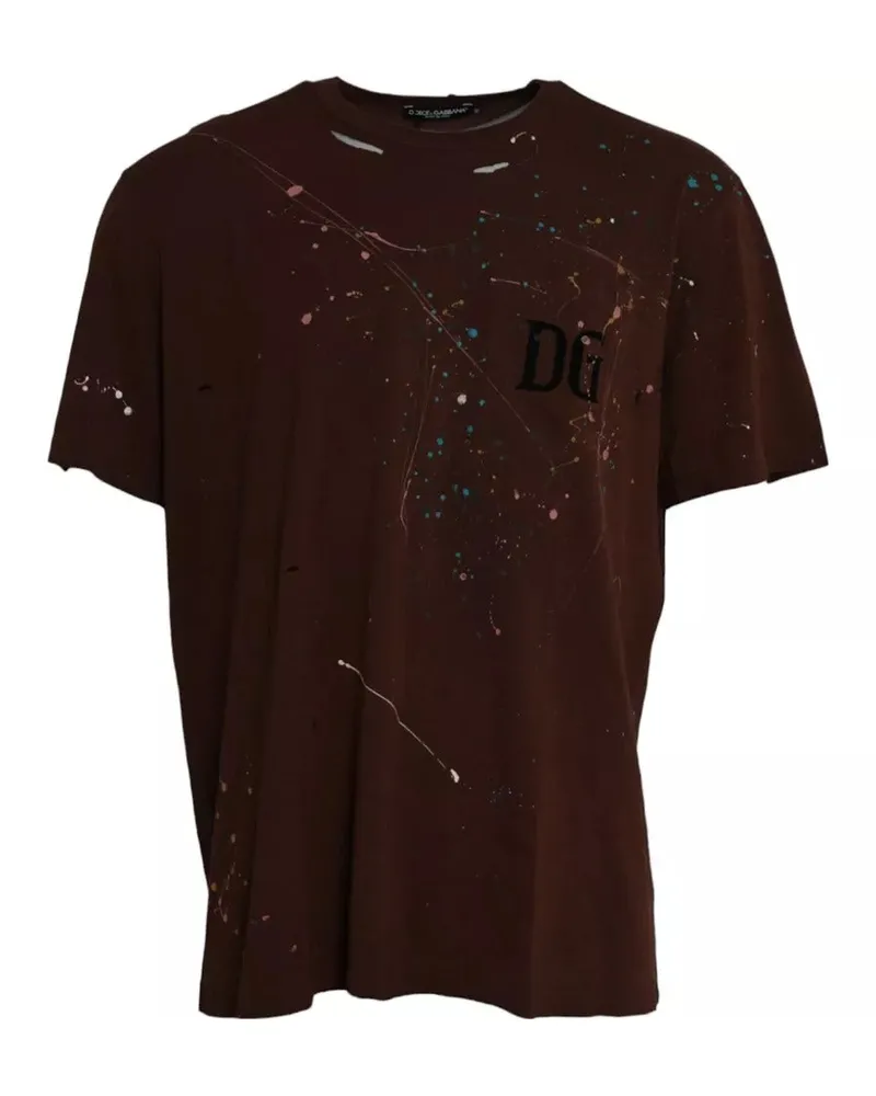 Dolce & Gabbana Men's Brown Splash Cotton Crew Neck T-Shirt Brown