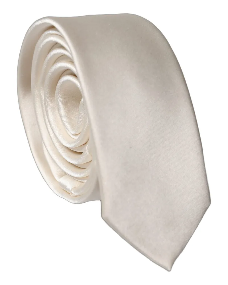 Dolce & Gabbana Off White Satin Silk Adjustable Men Tied Necktie Tie White