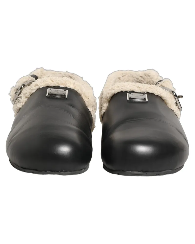 Dolce & Gabbana Men's Beige Black Fur Shearling Slides Sandals Shoes Blue Cotton Elastane Black
