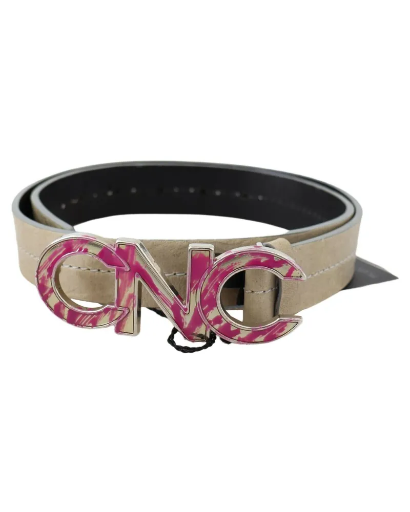 CoSTUME NATIONAL Women's Beige Leather Pink Letter Logo Buckle Belt Beige