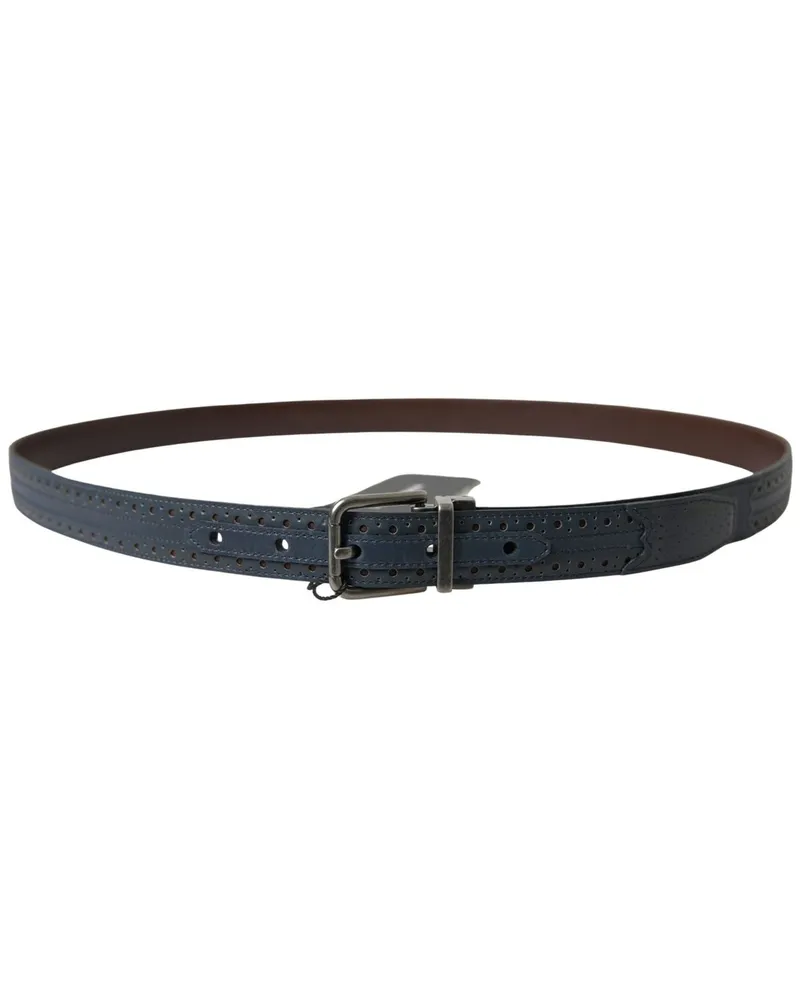 Dolce & Gabbana Men's Blue Leather Perforated Metal Buckle Belt Blue