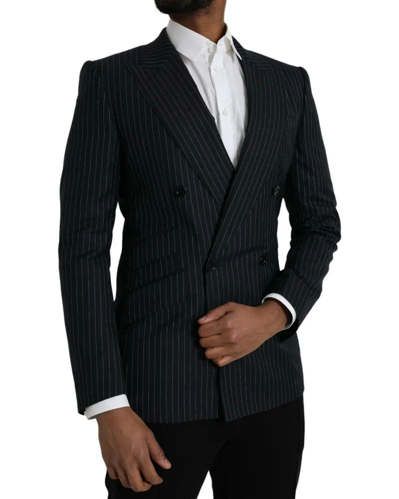 Dolce & Gabbana Men Black Stripe Sicilia Double Breasted Coat Blazer Virgin Wool Silk Clothing Black