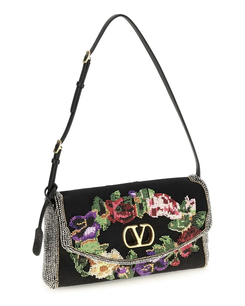 Valentino Garavani Women's Small Devain Embroidered Shoulder Bag Multicolor-Nero Silk Satin Multicolor/nero Black