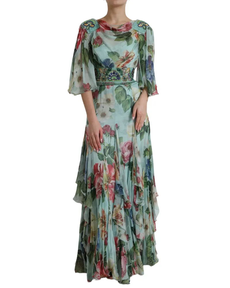 Dolce & Gabbana Floral Print Silk Dress — Blue Blue