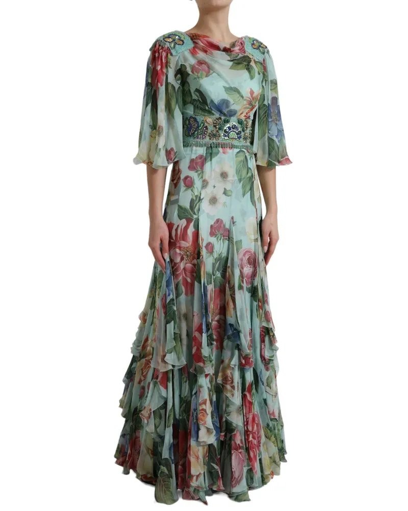Dolce & Gabbana Women's Blue Floral Print Tiered Long Maxi Dress Silk Blue