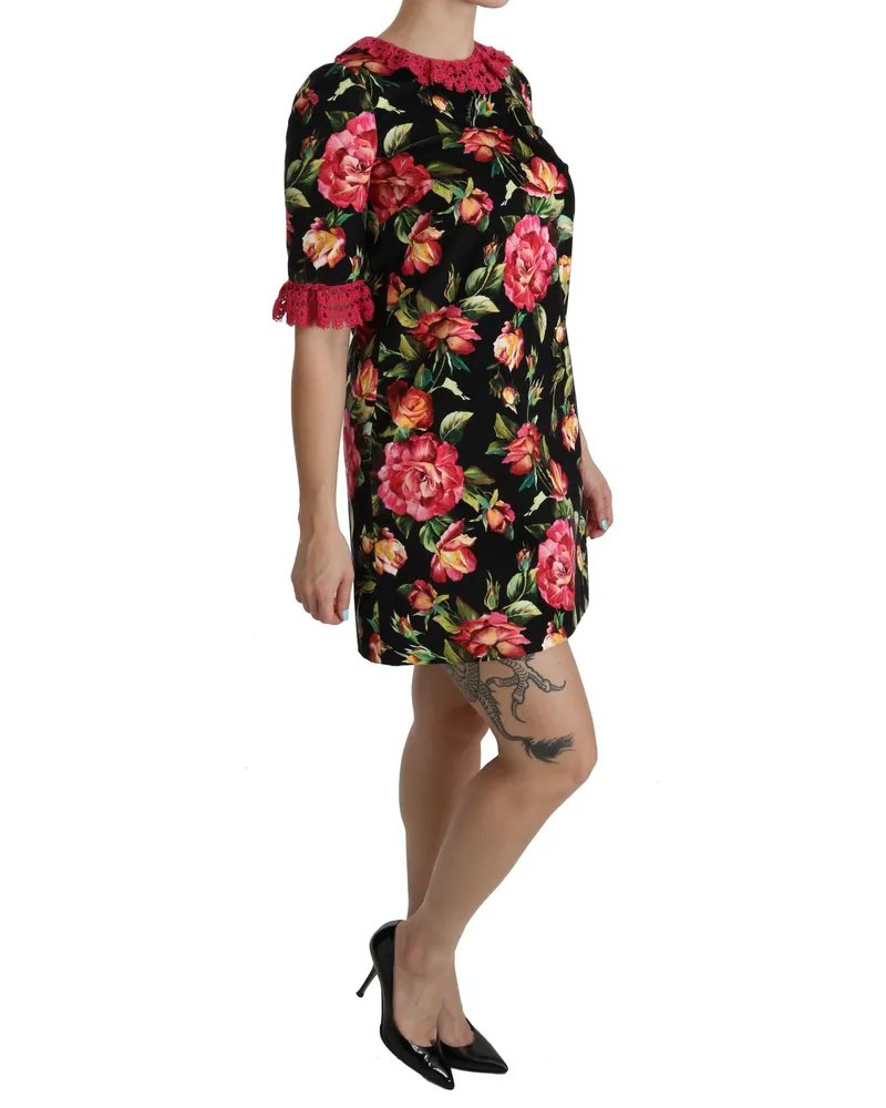 Dolce & Gabbana Women's Floral Pink Lace A-Line Shift Mini Dress Black Cotton Elastane Black