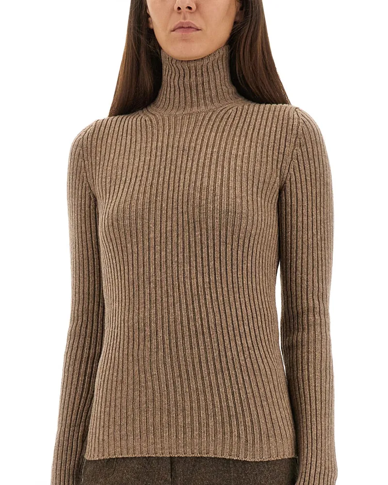 Max Mara Ribbed Wool-Cashmere Turtleneck Sweater — Brown Brown