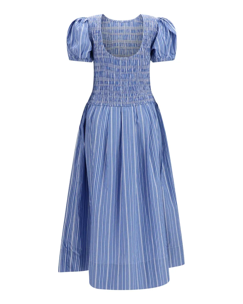 Ganni Women's Striped Cotton Dress With Puff Sleeves Nouvean Navy Navy