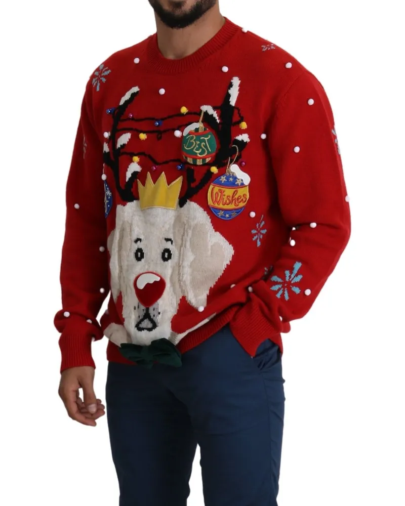 Dolce & Gabbana Christmas Dog-Embellished Cashmere Sweater — Red Red