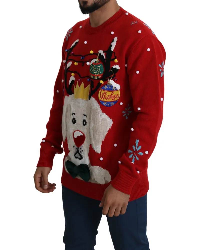 Dolce & Gabbana Men Red Christmas Dog Pullover Cashmere Sweater Clothing Red