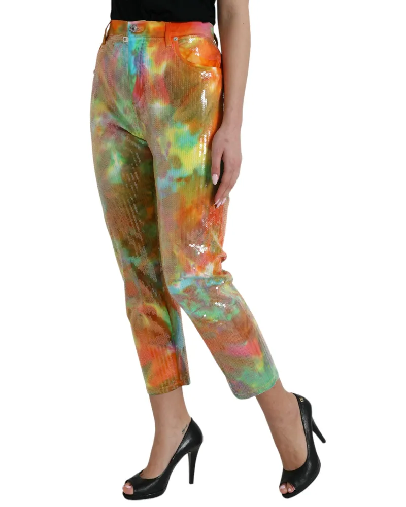 Dolce & Gabbana Women Multicolor Tie Dye Sequined High Waist Cropped Pants Cotton Elastane Multicolor