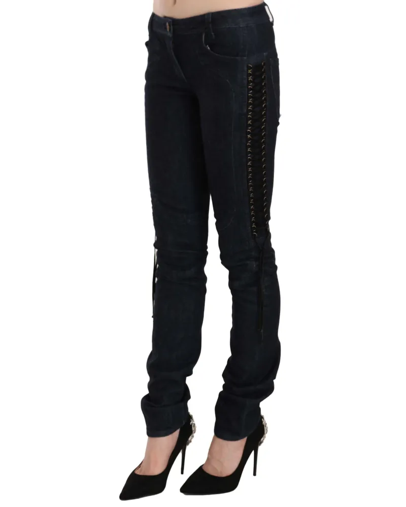 Just Cavalli Women's Blue Low Waist Skinny Trousers Braided String Pants Black Cotton Black