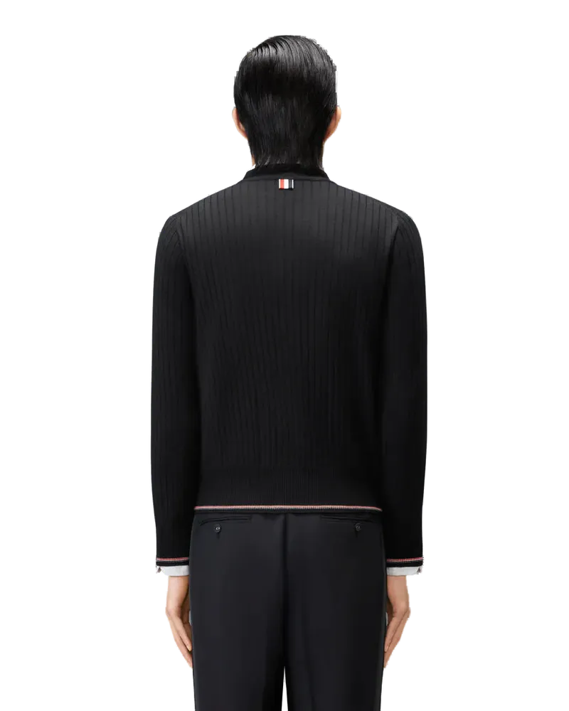Thom Browne Men's V-Neck Cardigan Merino Wool Black Sweater Black
