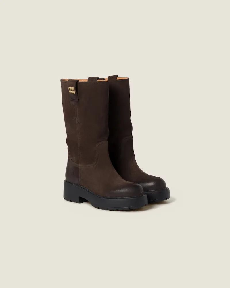 Miu Miu Chunky-Sole Suede Ankle Boot — Brown Brown