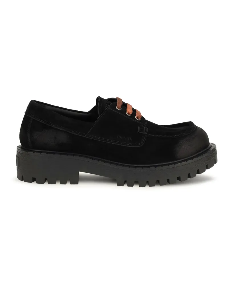 Prada Men's Loafers Suede Lace-Up Black Upper: Shoes Flat Black