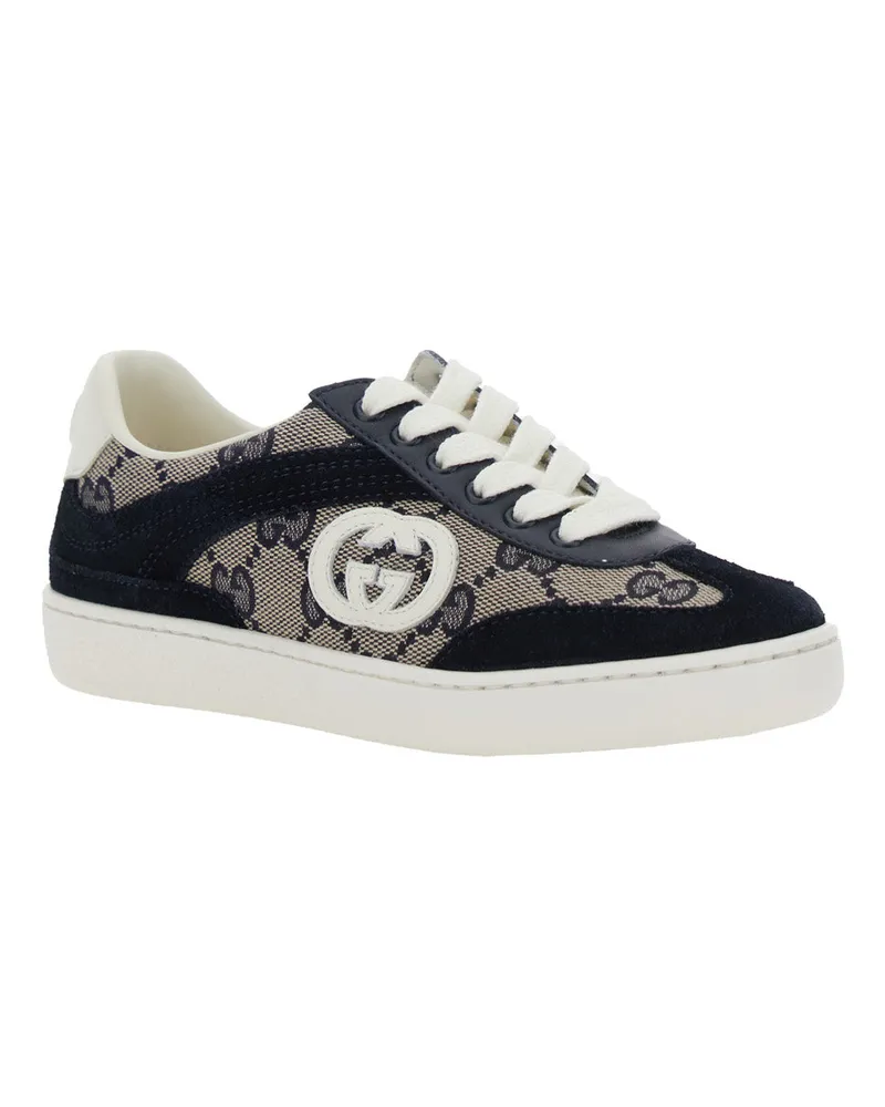 Gucci Boys' Low Top Sneaker Gg Supreme Blue Canvas Calf Leather Trainers Blue