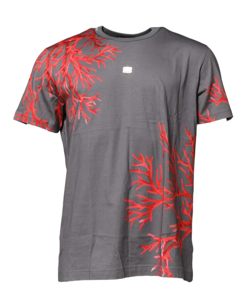 Dolce & Gabbana Men's Gray Cotton Coral Print Logo Plaque T-Shirt Gray