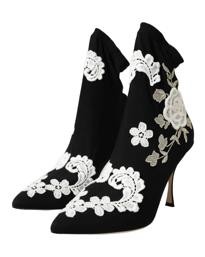 Dolce & Gabbana Women's Black White Embroidery Slip On Boots Shoes And Viscose Elastane Black