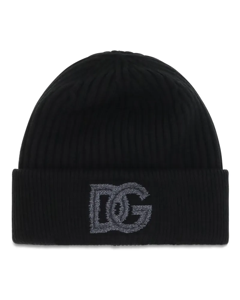 Dolce & Gabbana GX66KZJDVN6 Ribbed Knit Merino Wool Beanie — Black Black