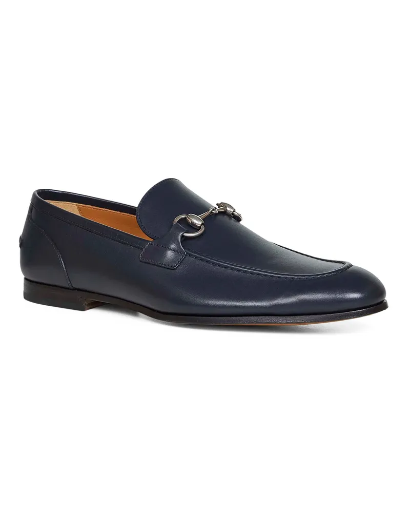 Gucci Men's Dark Blue Leather Jordaan Loafers Calf Blue