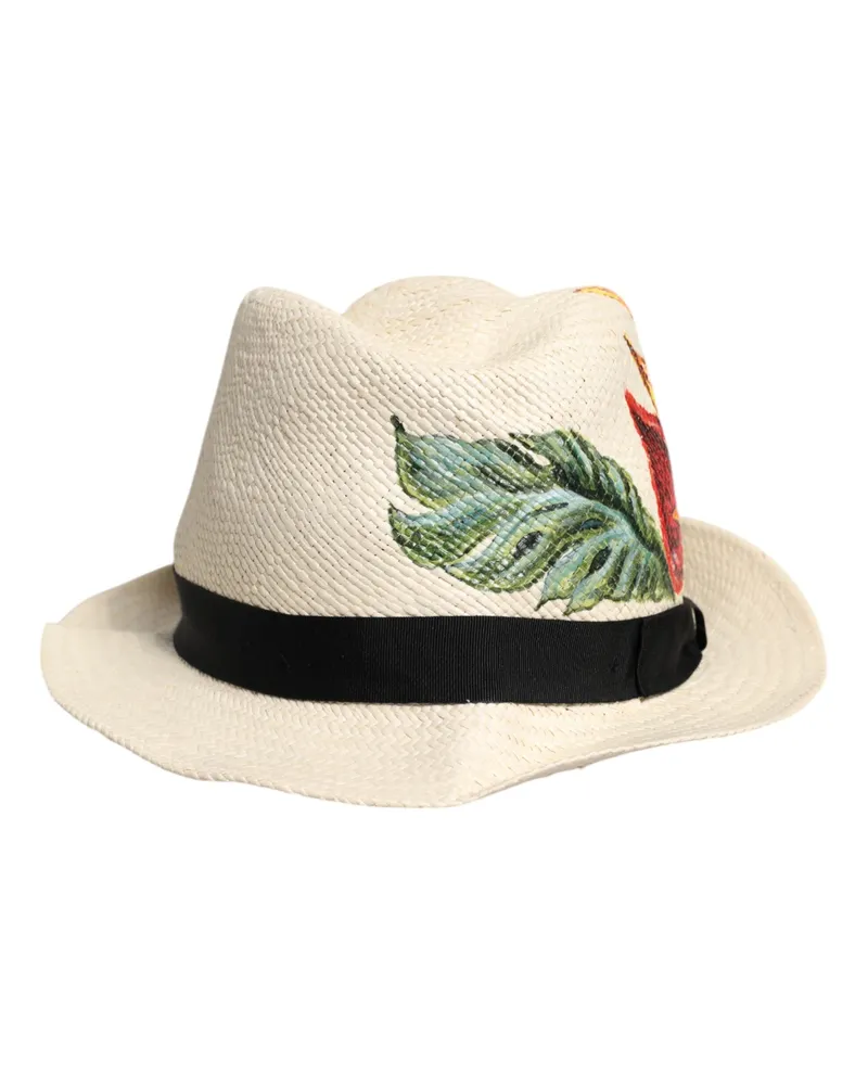 Dolce & Gabbana Men Beige Floral Print Straw Wide Brim Fedora Hat Beige