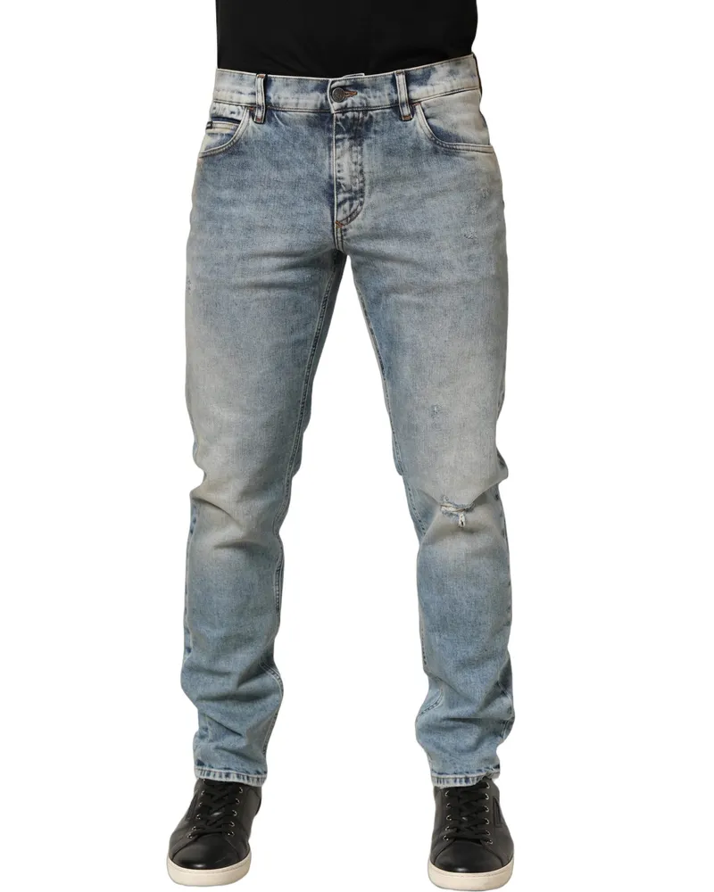 Dolce & Gabbana Blue Washed Mid Waist Straight Men Denim Jeans Cotton Elastane Clothing Blue