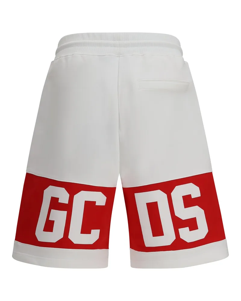 GCDS Men Band Logo Sweat Shorts Optic White-Red Cotton Bermuda White/red White