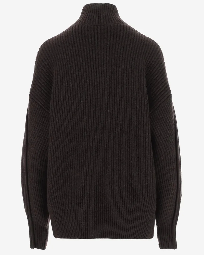 Carven Women Sweater Ribbed Cashmere High Neck Brown Brown