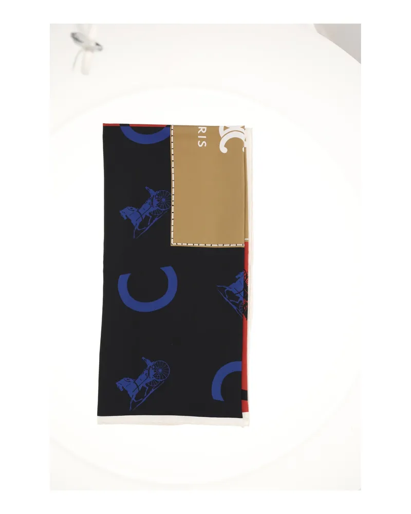 Celine Logo-Print Silk Scarf — Navy Navy
