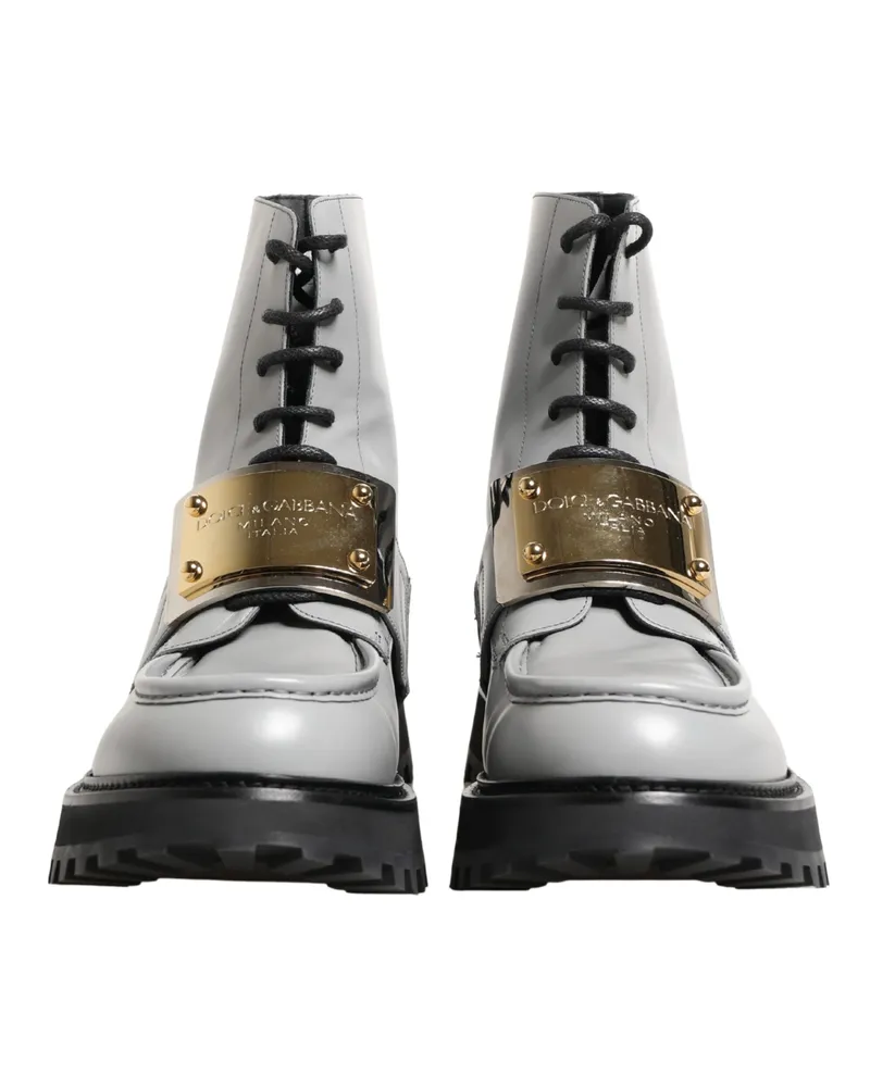 Dolce & Gabbana Men's Gray Leather Logo Plaque Ankle Boots Shoes Spazzolato Matte Gray