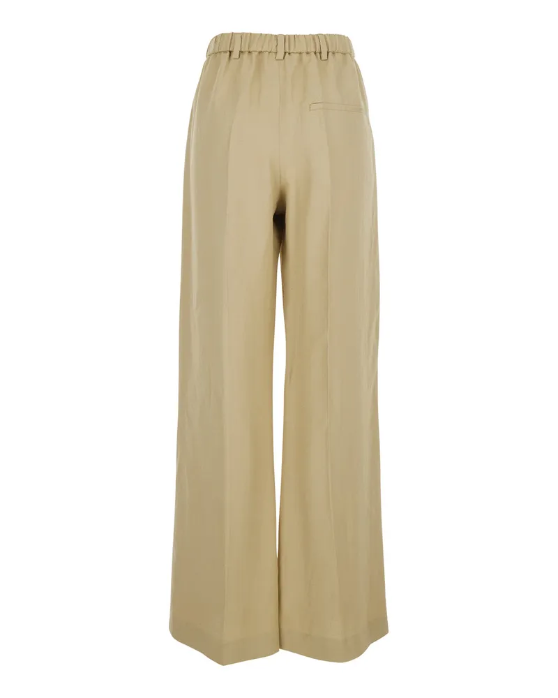 TELA Women's Pants With Elastic Waist, Beige Linen Blend Viscose Trousers Beige