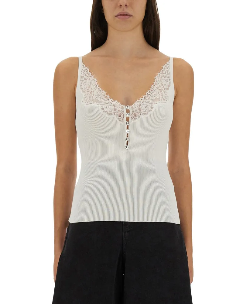 Self-Portrait Ribbed Knit with Lace Blouse — White White