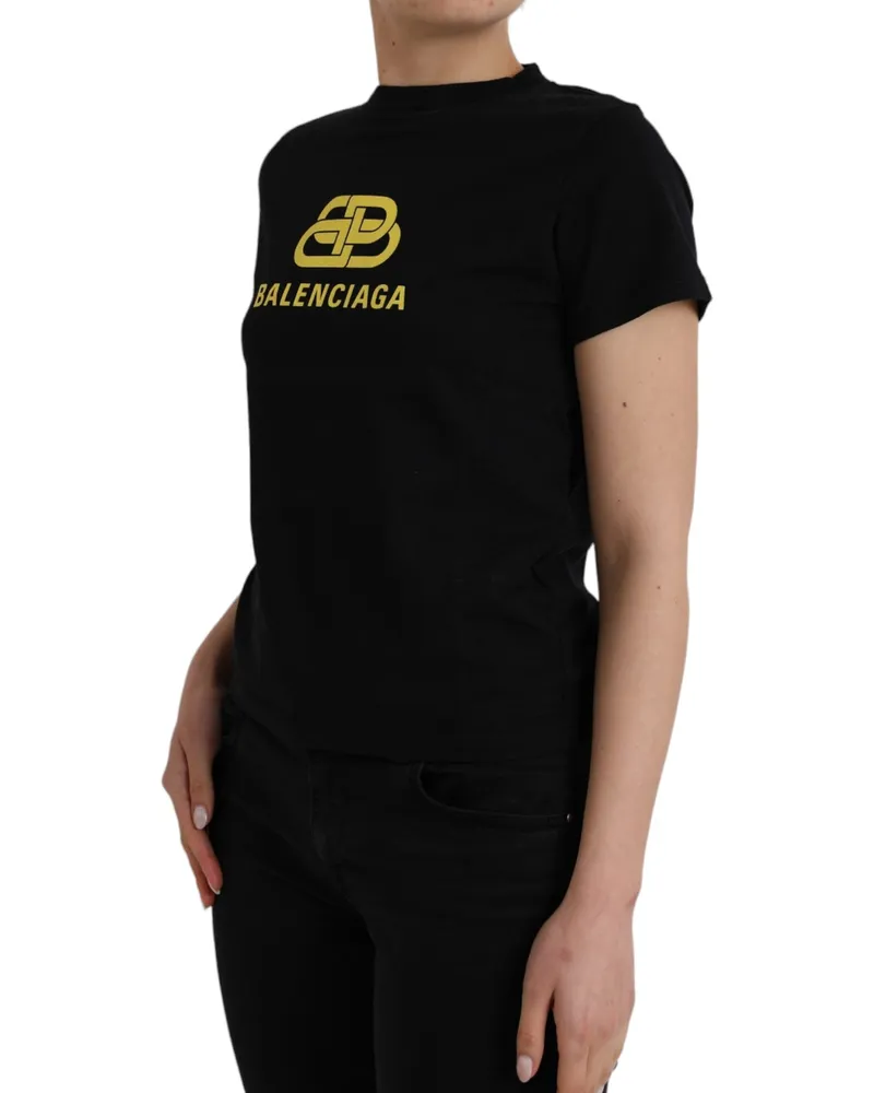 Balenciaga Women's Black Cotton Logo Print Crew Neck Short Sleeves T-Shirt Black