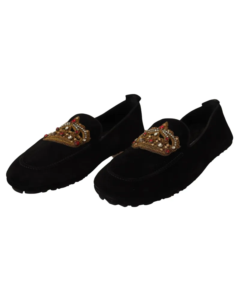 Dolce & Gabbana Men's Black Leather Crystal Gold Crown Loafers Shoes Black
