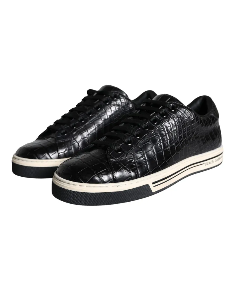 Dolce & Gabbana Black Leather Men Low Top Sneakers Shoes And White Caiman Black