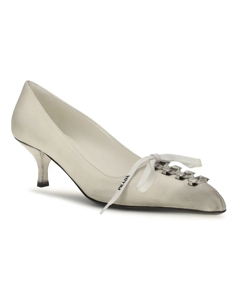 Prada Lace-Up Antique-Finish Leather Heel — Beige Beige