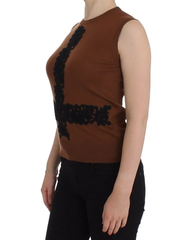 Dolce & Gabbana Women's Brown Wool Black Lace Vest Sweater Top Beige Cotton Brown