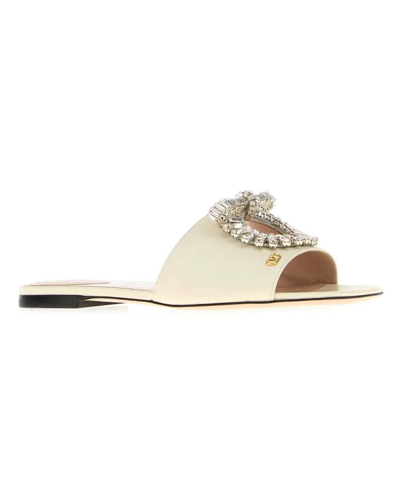 Valentino Garavani Women's Ivory Leather Slippers Ivorycrystal Flat Shoes Beige