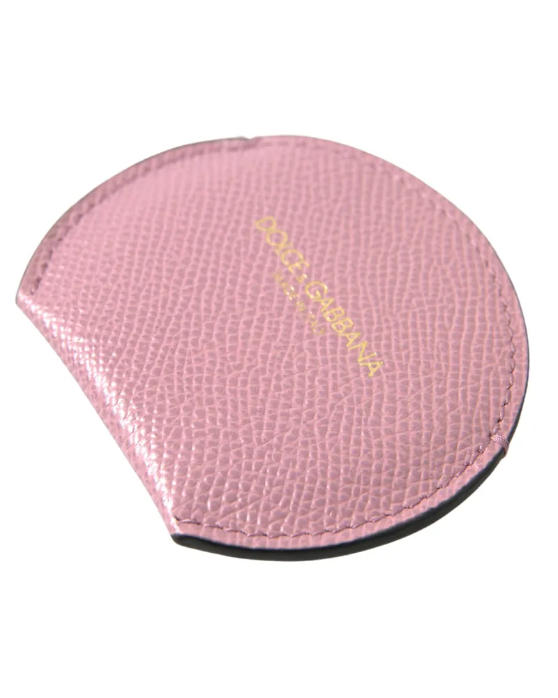 Dolce & Gabbana Women's Pink Calfskin Leather Round Logo Print Hand Mirror Holder Accessory Pink