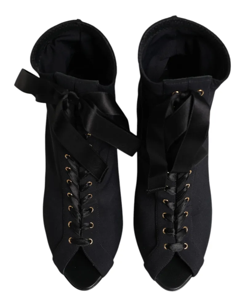 Dolce & Gabbana Women's Black Stiletto Heels Lace Up Boots Shoes Nylon Elastane Polyester Black
