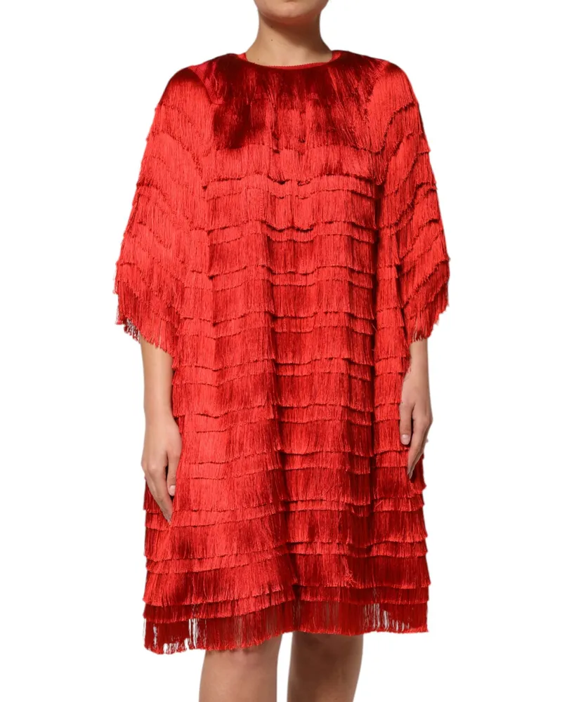 Dolce & Gabbana Women Red Silk Tiers Fringe Shift Knee Length Dress Red