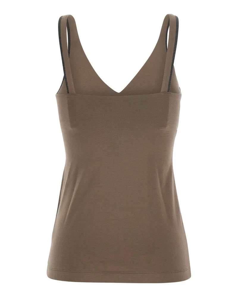 Brunello Cucinelli Women's Top With V-Neck And Monil Strap Brown Cotton Tops Brown
