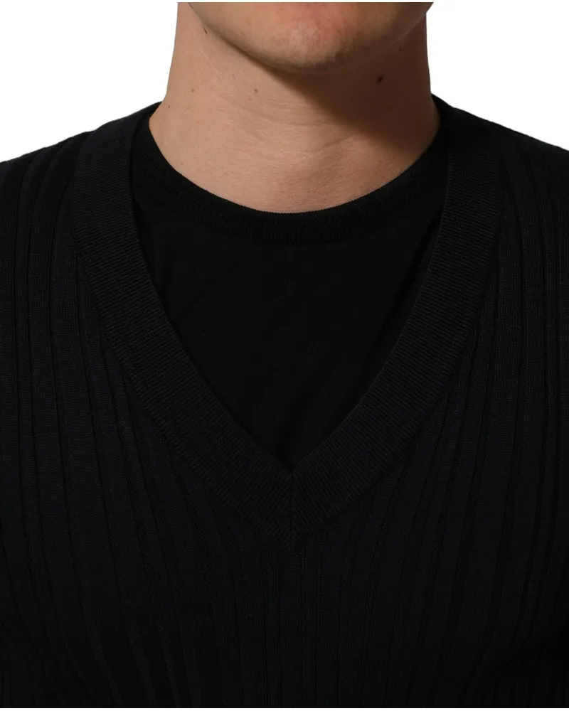Dolce & Gabbana Black Silk Blend V-Neck Pullover Men Sweater Cotton Clothing Black