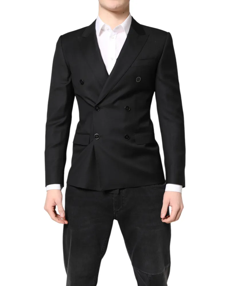 Dolce & Gabbana Men's Black Martini Double Breasted Coat Blazer Virgin Wool Clothing Black